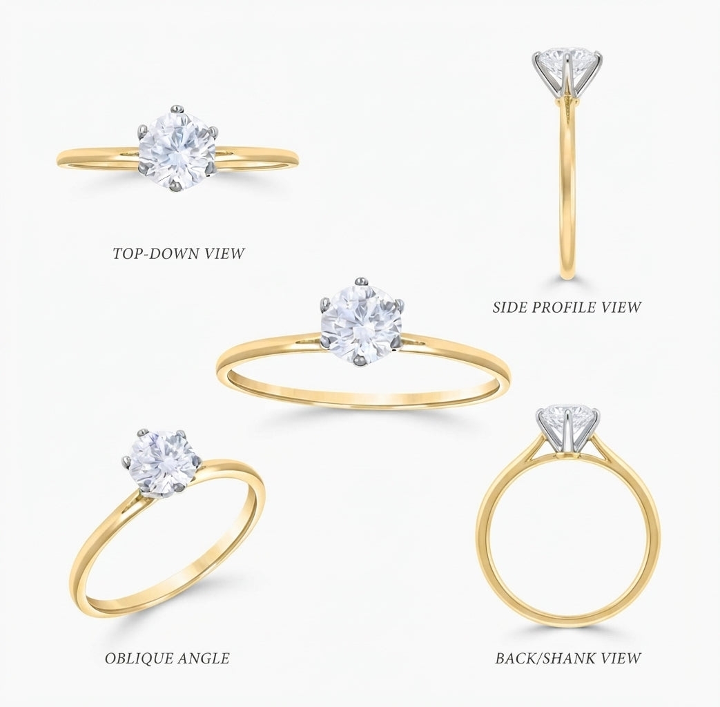 Side view of a solid 14K yellow gold cubic zirconia engagement ring