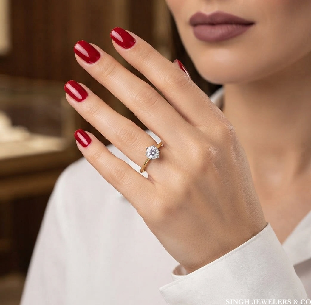 Close-up detail of cubic zirconia stones on a 14K yellow gold engagement ring