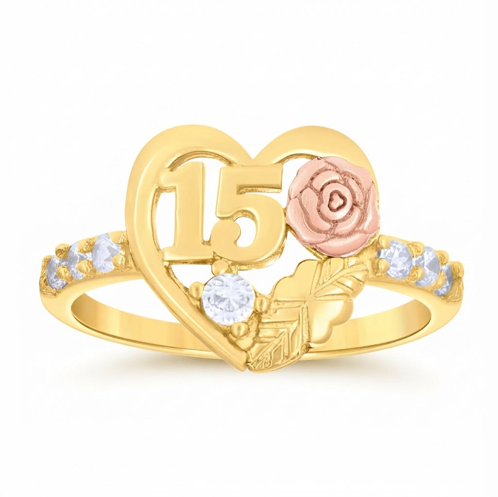 14K Sweet 15 Anos birthday ring front view