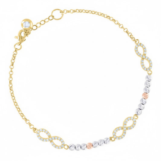 Gold and silver bracelet with interlocking links on a white background