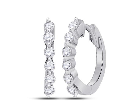Front view of 14K white gold round 1/4 Cttw diamond hoop earrings, showcasing elegant diamonds in a classic design.