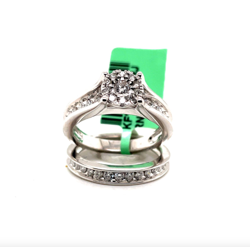 14K white gold 1 CT diamond bridal ring set size 9, featuring a classic engagement ring and matching wedding band