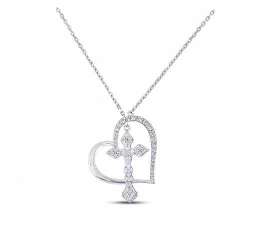 14k white gold diamond cross heart necklace with 5/8 carat total weight diamonds
