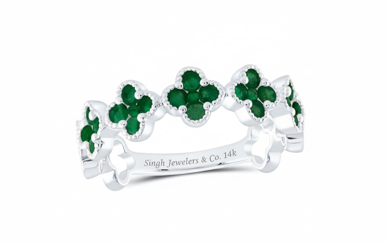 natural round and emerald-cut gem clover ring in white gold