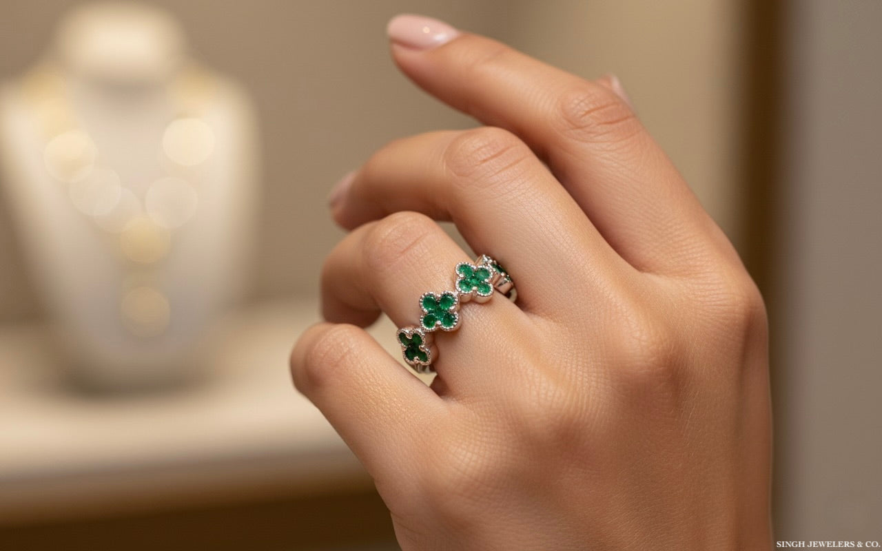 14k white gold clover ring with 3/4 carat natural gemstones