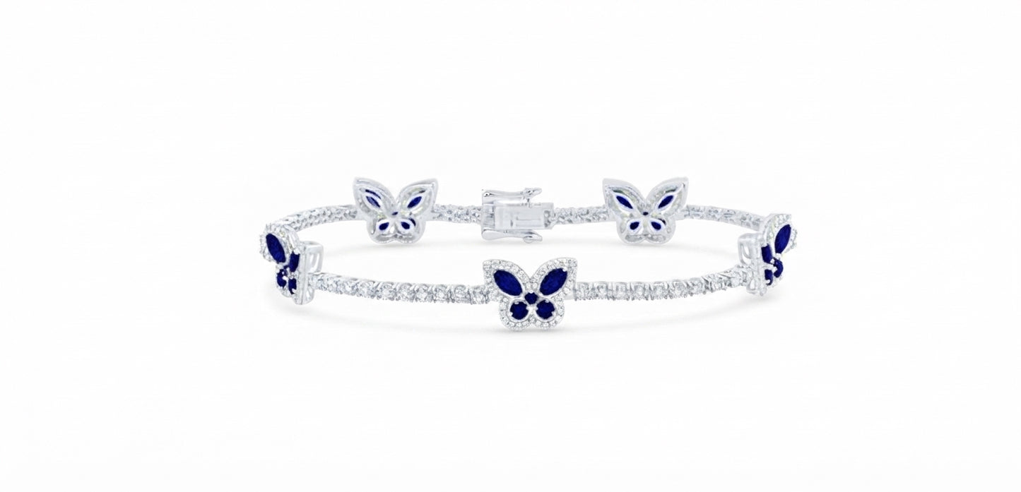 14K White Gold Natural Diamond & Blue Sapphire Butterfly Bracelet – 1 CTW
