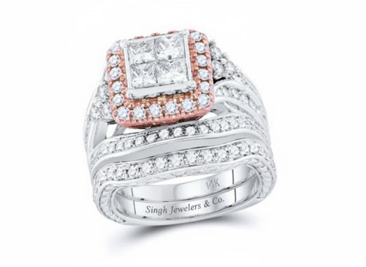 Diamond ring with rose gold accents on a white background, branded 'Singh Jewelers & Co'.