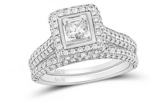14K white gold bridal wedding ring set with a certified 1 1/4 CTTW princess-cut center diamond surrounded by a halo of smaller diamonds.
