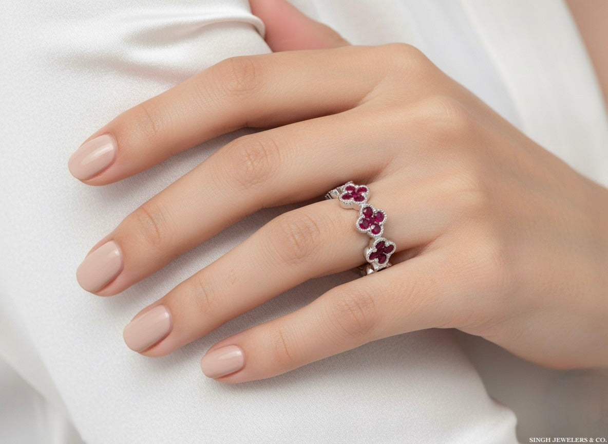 7/8 CTW Natural Ruby Clover Ring – 14K White Gold