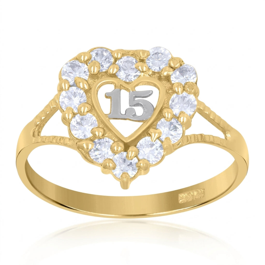 Quinceañera 15 anos ring in 14K yellow gold with white sapphire accents