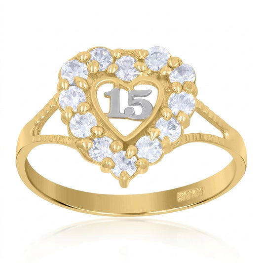 Quinceañera 15 anos ring in 14K yellow gold with white sapphire accents
