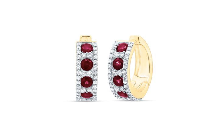 Elegant 14K yellow gold hoop earrings featuring 2 3/8 Cttw natural rubies and 3/4 Cttw diamonds, creating a stunning, colorful sparkle.