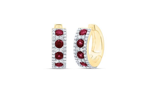 Elegant 14K yellow gold hoop earrings featuring 2 3/8 Cttw natural rubies and 3/4 Cttw diamonds, creating a stunning, colorful sparkle.