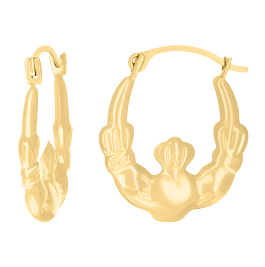 Front view of 14K yellow gold Claddagh hoop earrings, featuring a traditional Irish design.