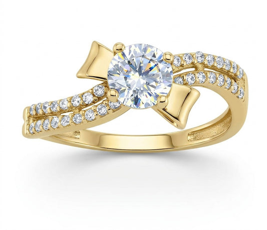 14K yellow gold bow engagement ring featuring sparkling cubic zirconia stones