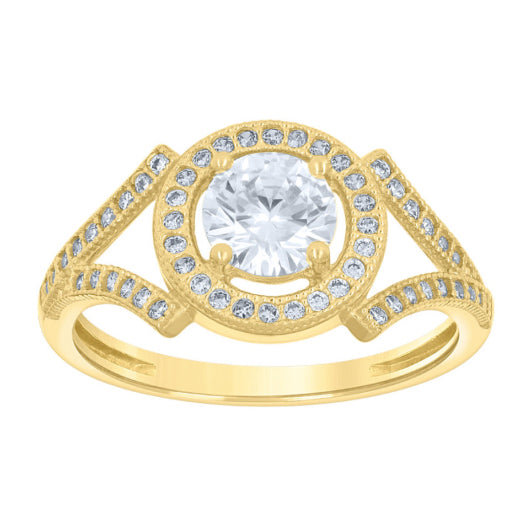 14K Yellow Gold Cubic Zirconia Center Round Halo Wedding Engagement Band Ring in Size 7, featuring a brilliant center stone surrounded by a sparkling halo.