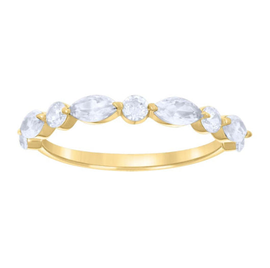 Women's half eternity ring with marquise and round cubic zirconia stones in 14K yellow gold, size 7.