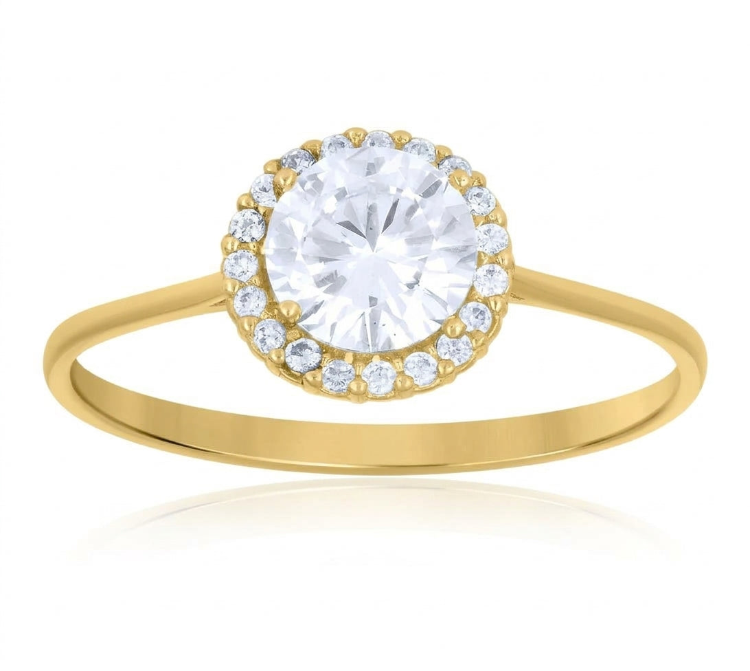 14K yellow gold cubic zirconia halo engagement ring with a sparkling center stone