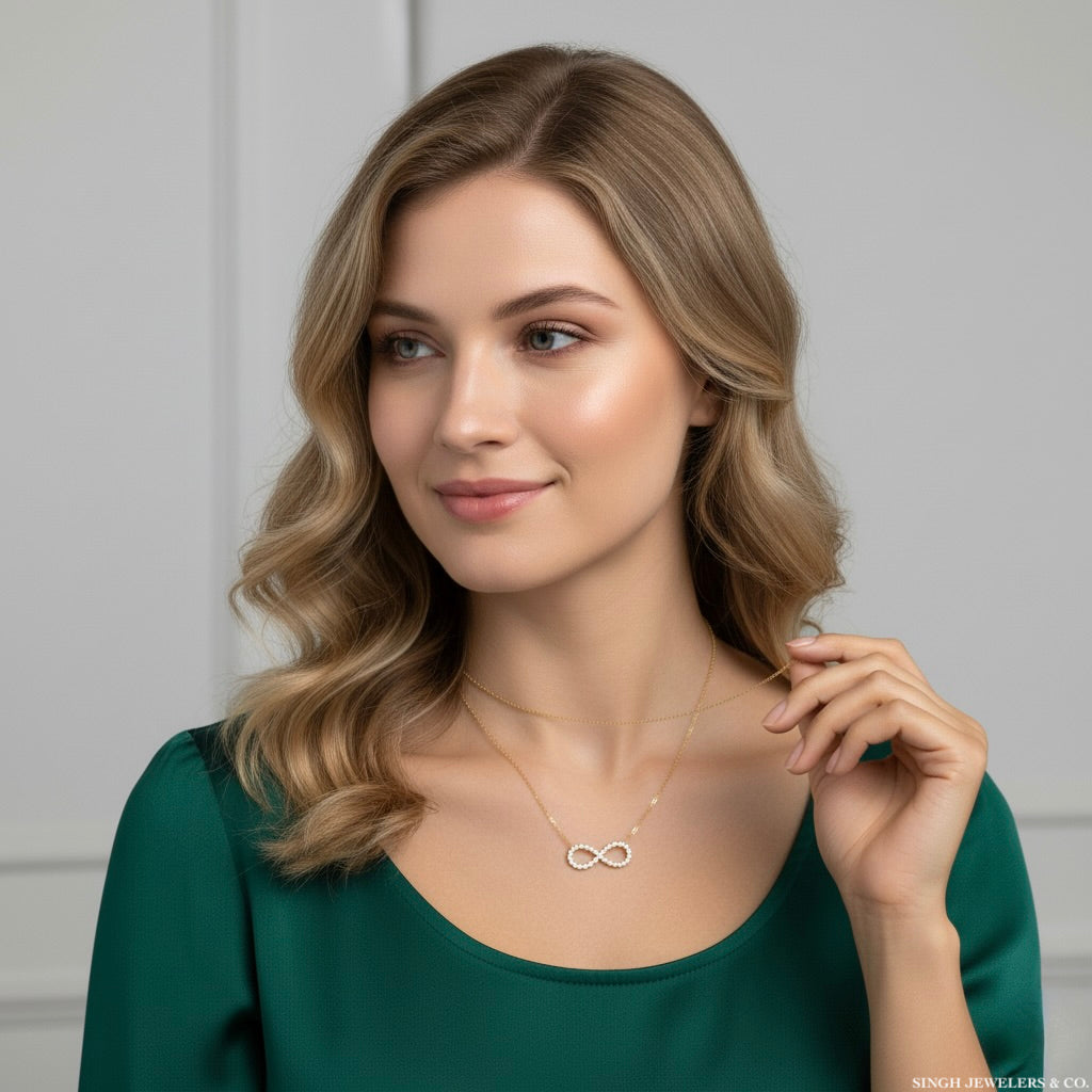 14K yellow gold infinity necklace with cubic zirconia, 18-inch chain