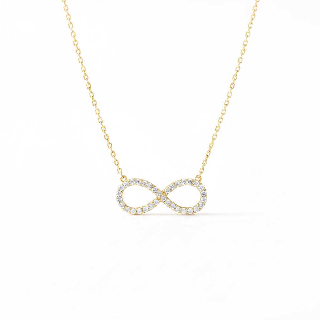 14K yellow gold infinity necklace with cubic zirconia, 18-inch chain