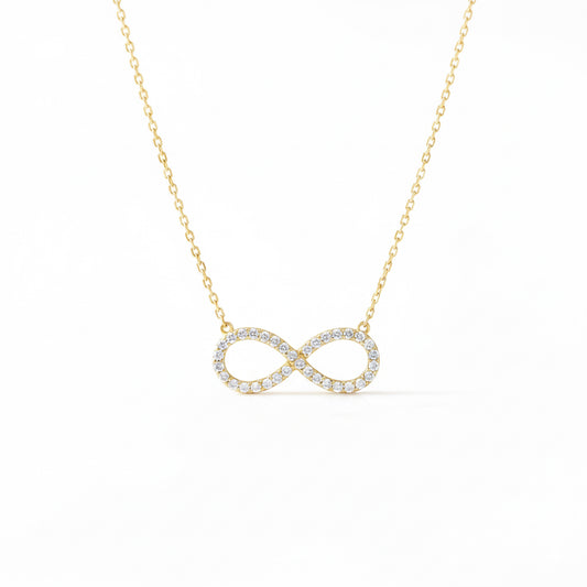 14K yellow gold infinity necklace with cubic zirconia, 18-inch chain