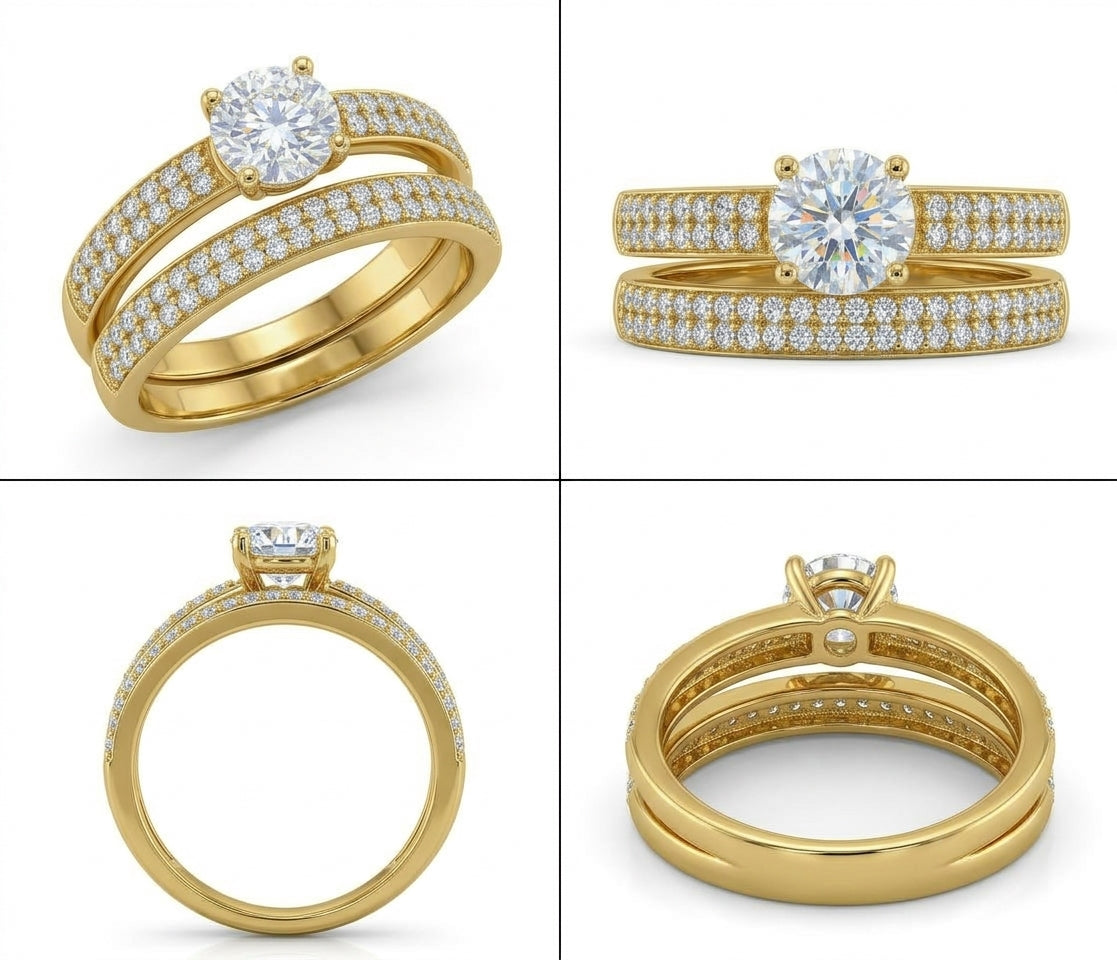 Close-up of cubic zirconia stones on a yellow gold engagement duo ring set