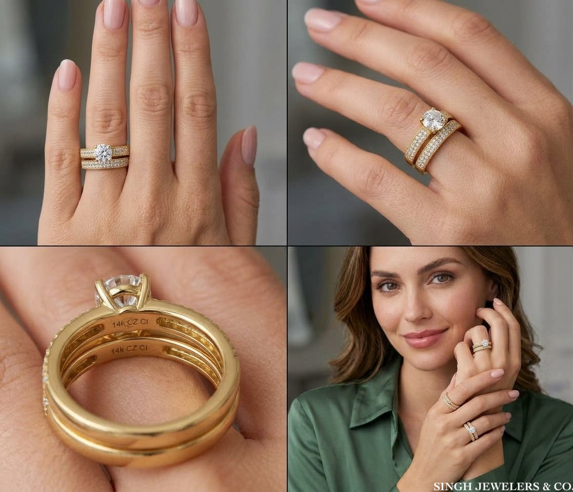 Close-up of cubic zirconia stones on a yellow gold engagement duo ring set on model