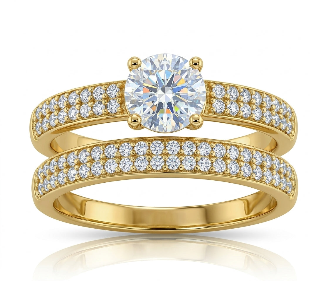14K yellow gold cubic zirconia engagement duo ring set in size 7