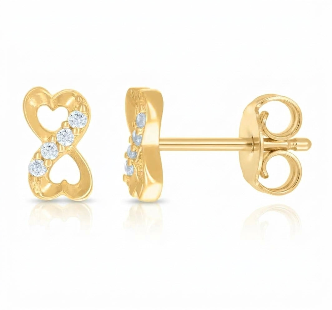 14K yellow gold love infinity heart stud earrings featuring cubic zirconia stones