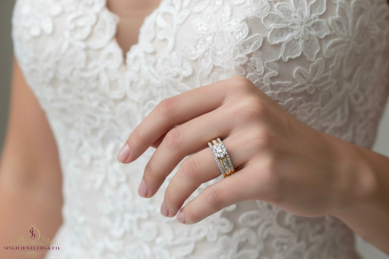 Bridal ring set in yellow gold shown on hand
