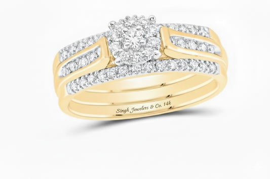 3-piece 14K yellow gold bridal ring set with round-cut diamonds, total weight 1/4 CTTW