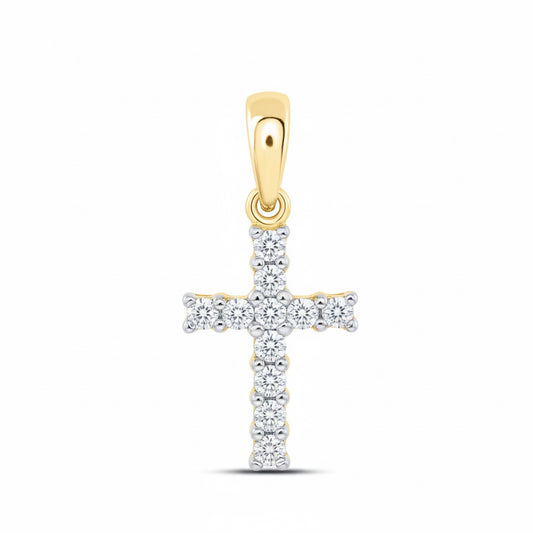 Close-up of 14K gold diamond cross pendant, perfect for gifting