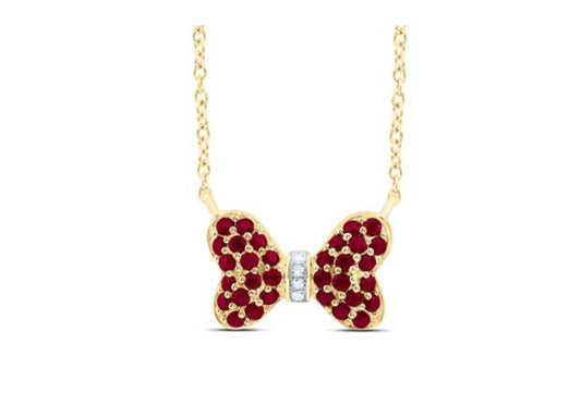  18-inch 14K yellow gold natural diamond and ruby bow necklace