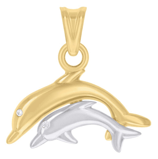 14k gold dolphin couple ocean CZ charm pendant
