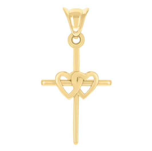 14K Yellow Gold Double Heart Cross Charm Pendant without Chain
