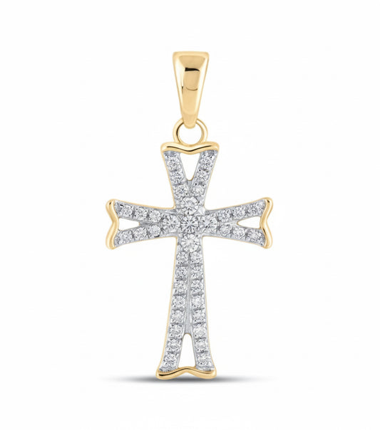 14k yellow gold flared cross pendant with 1/8 CTTW round diamonds