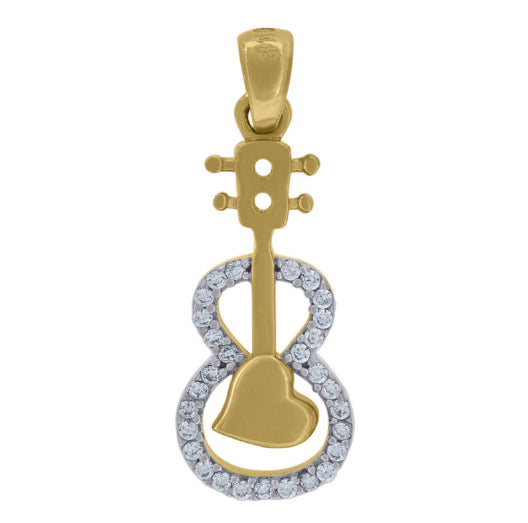 Shop the 14K Yellow Gold Guitar Pendant with White Sapphires, perfect for music lovers. A charming piece of jewelry for any guitarist or music fan. Chain not included.