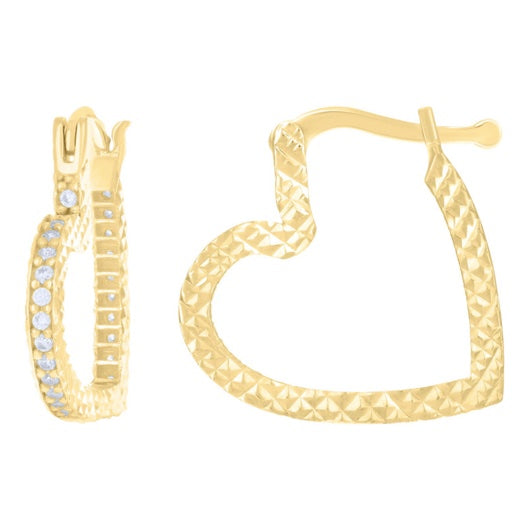 14K Yellow Gold Heart Diamond Cut Hoop Earrings with Cubic Zirconias and Hinged Backs