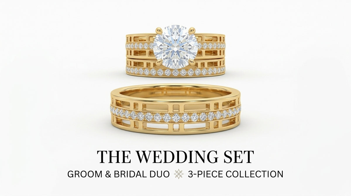 Matching His & Hers trio ring set in 14K yellow gold featuring white sapphires