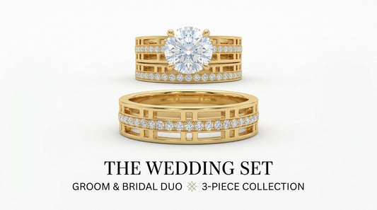 Matching His & Hers trio ring set in 14K yellow gold featuring white sapphires