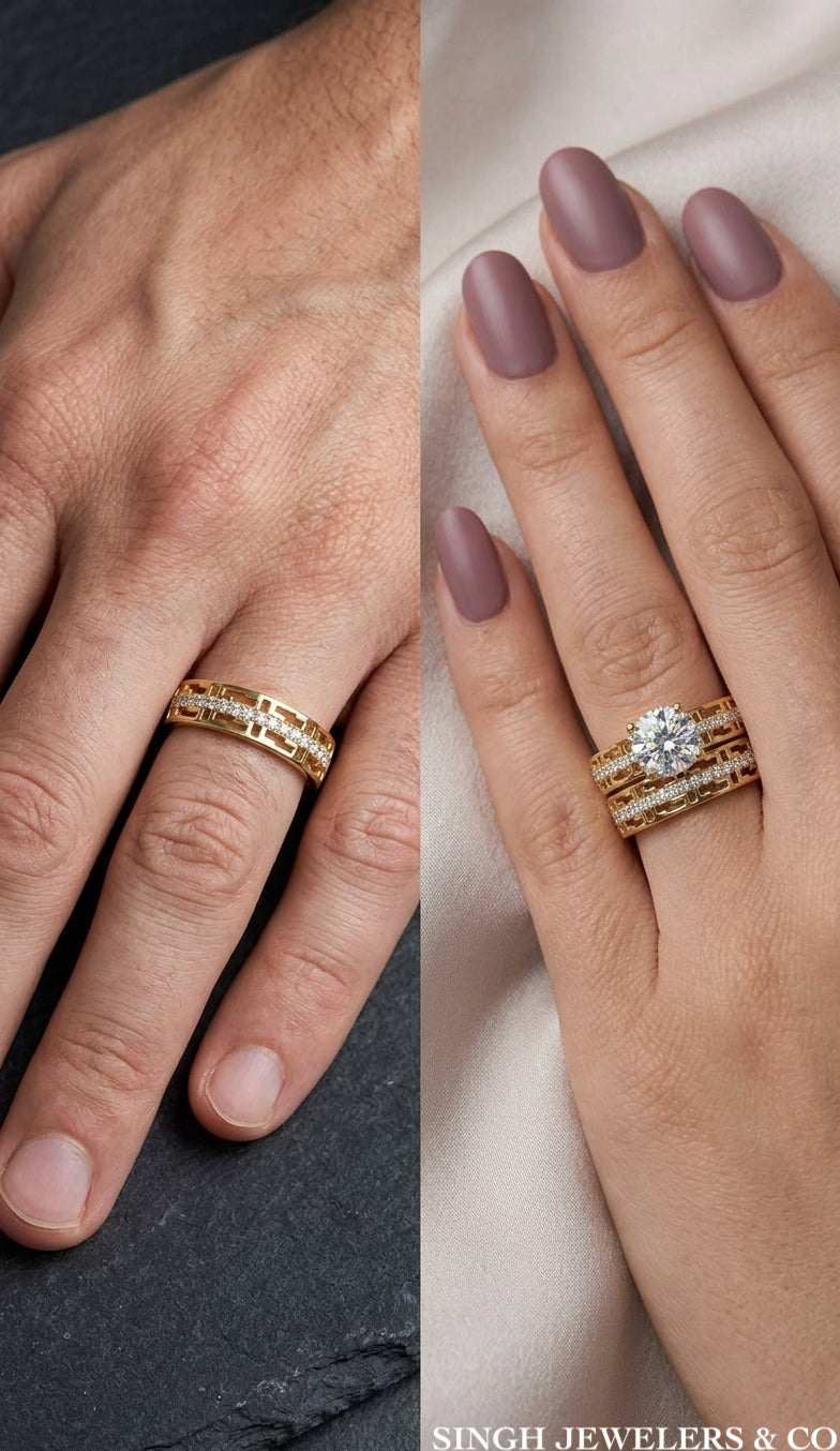 Matching His & Hers trio ring set in 14K yellow gold featuring white sapphires on hand