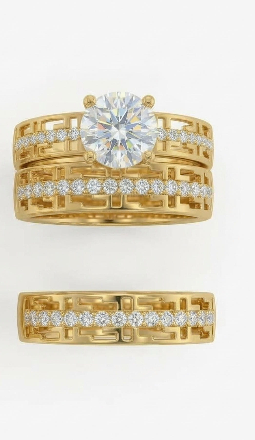 Matching His & Hers trio ring set in 14K yellow gold featuring white sapphires full pictures