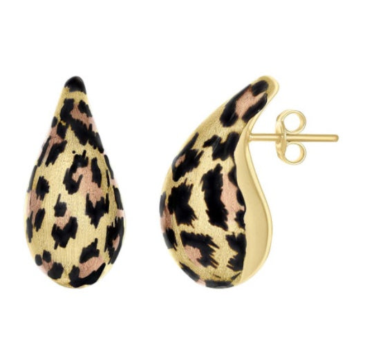 14K Yellow Gold Teardrop Earrings with Black Enameled Leopard Print Scratch Design