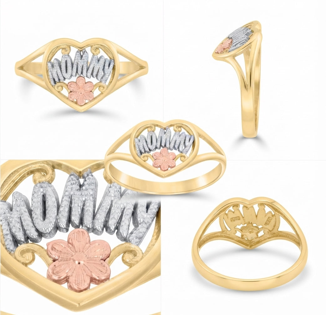 Close-up of 14K yellow gold Mommy ring