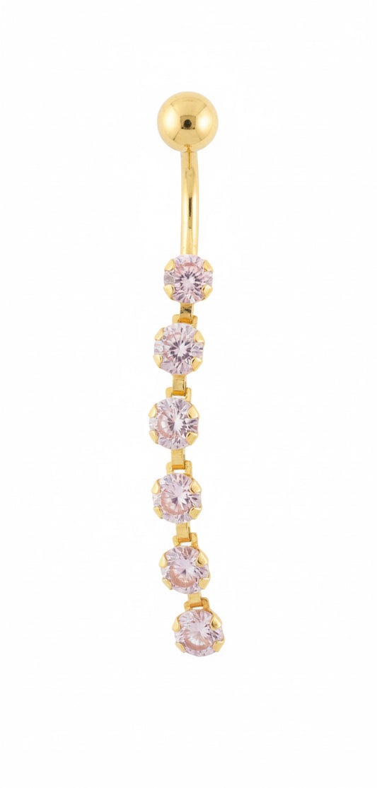 14k yellow gold belly button ring with pink stone dangle charm, 14G
