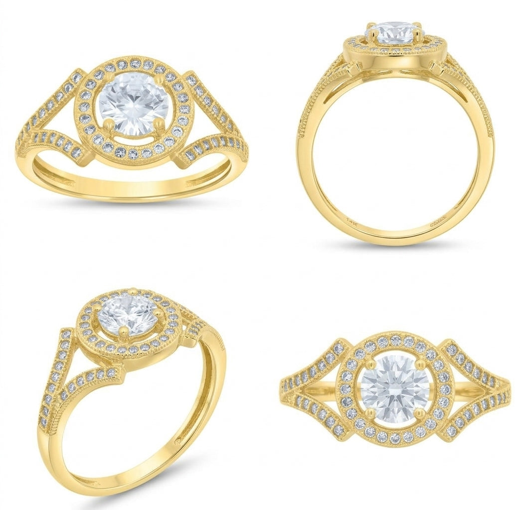 14K yellow gold engagement ring featuring a round cubic zirconia center stone with a sparkling halo setting different angles