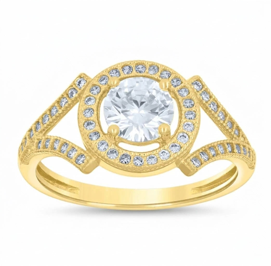 14K yellow gold engagement ring featuring a round cubic zirconia center stone with a sparkling halo setting