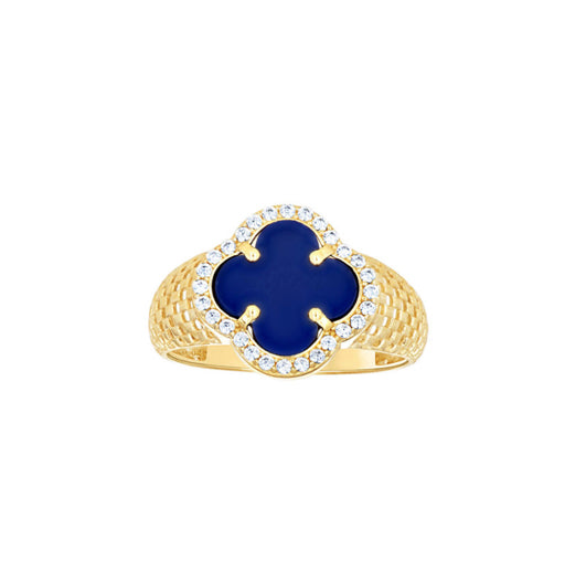 14K yellow gold royal blue clover ring with CZ stones, front view