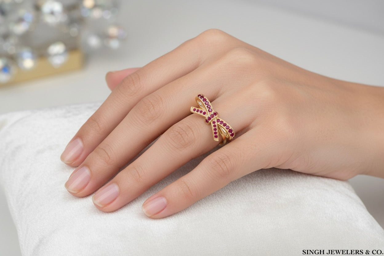 1/2 carat natural ruby gemstone bow ring in 14K yellow gold – romantic gift ring
