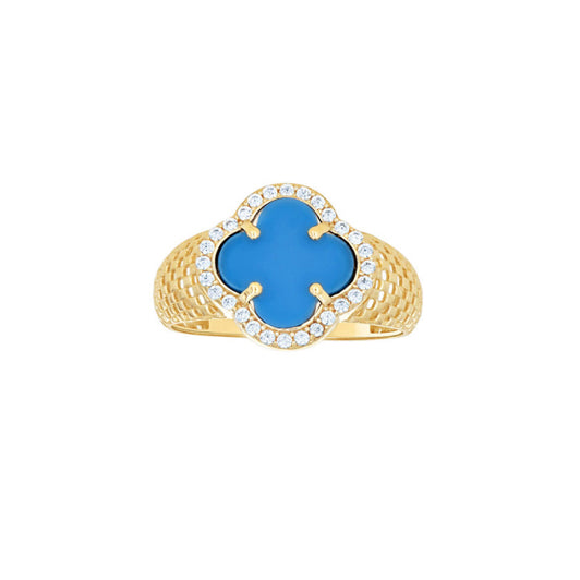 14K yellow gold sky blue clover ring with CZ stones, front view